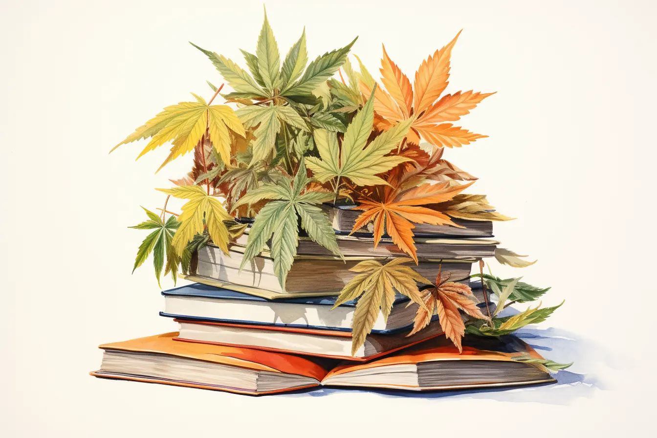 Pastellfarbene Darstellung von Cannabisblättern und literarischen Werken. Einige grüne Cannabisblätter auf einem Stapel von Büchern drapiert.