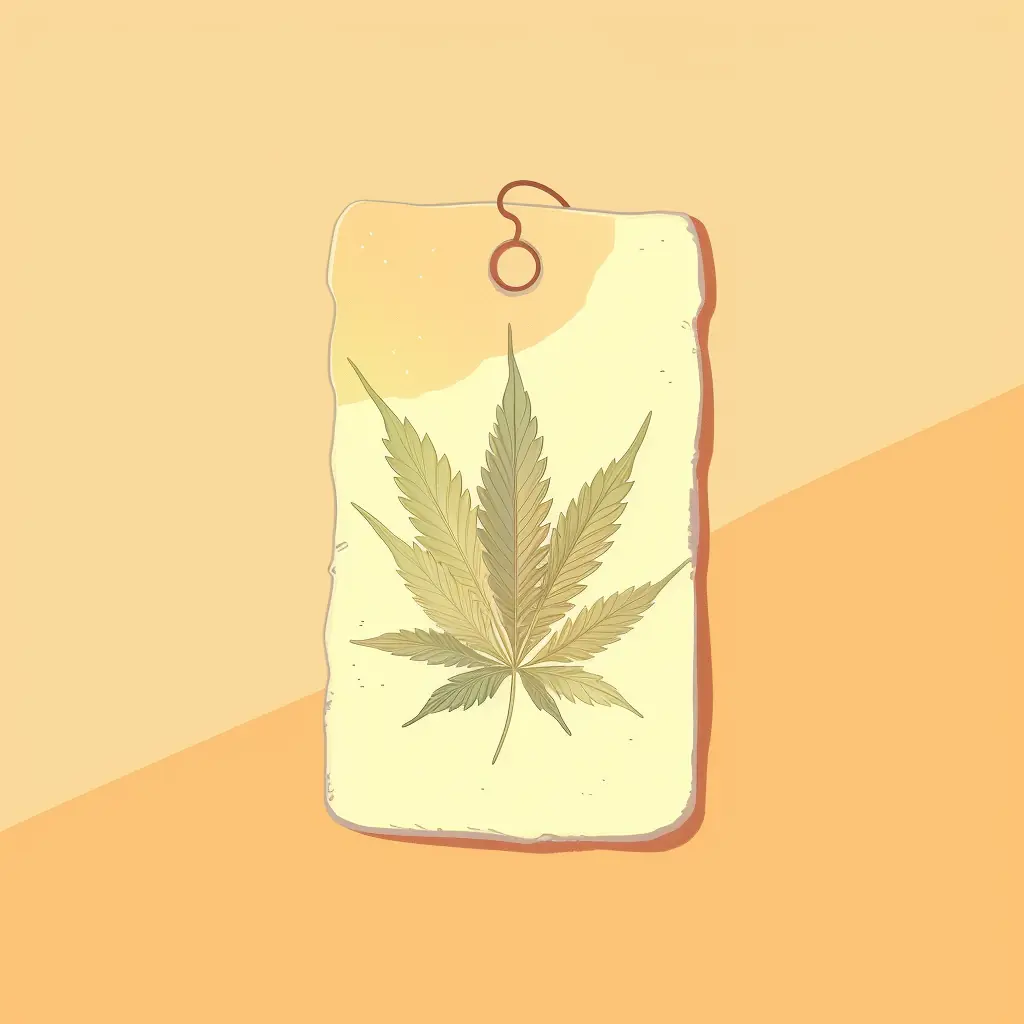 Ein Cannabisblatt in sanften Nuancen ist das Erkennungszeichen des Produkts, das auf dem Preisschild angegeben ist. Ein Preisschild, das ein Marihuanablatt in den Vordergrund stellt, für die Cannabis-Enthusiasten in Cottbus.
