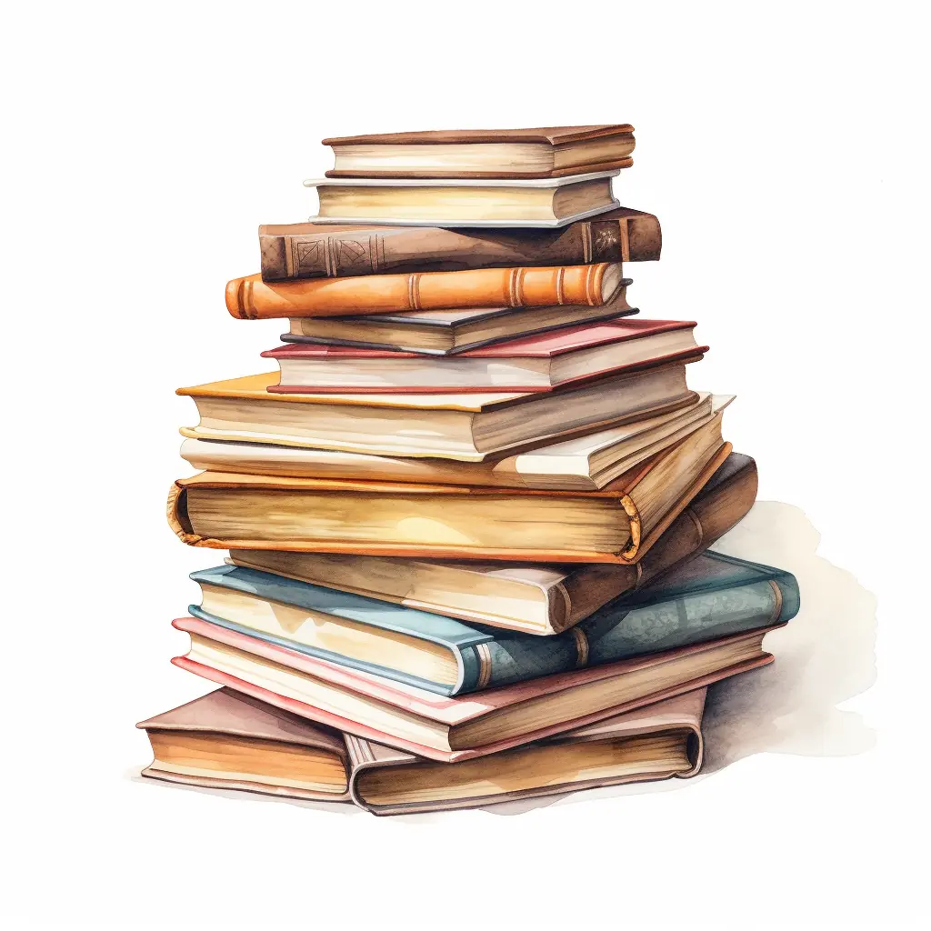 Bücherstapel, kunstvoll in Pastell gehalten. Bücherstapel erheben sich vor einem schlichten weißen Hintergrund, mitten im Herzen der Stadt.