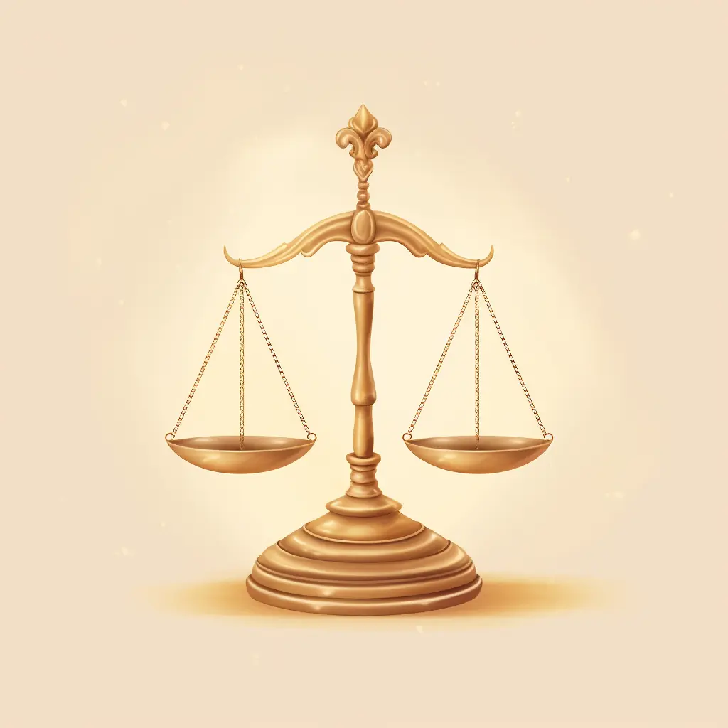 Ein in Pastelltönen gefärbtes Waage-Symbol steht für juristische Balance. Vor einem sanften Beigeton steht die goldene Waage, Zeichen der Gerechtigkeit.