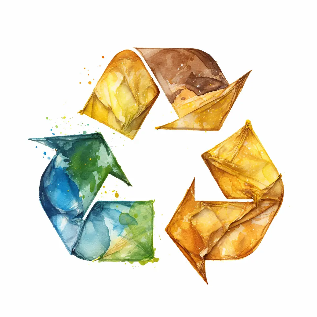 Semirealistische Darstellung eines Recycling-Symbols, eingefärbt in Pastell. Das Recycling-Emblem erscheint vor einem sanften Beige.