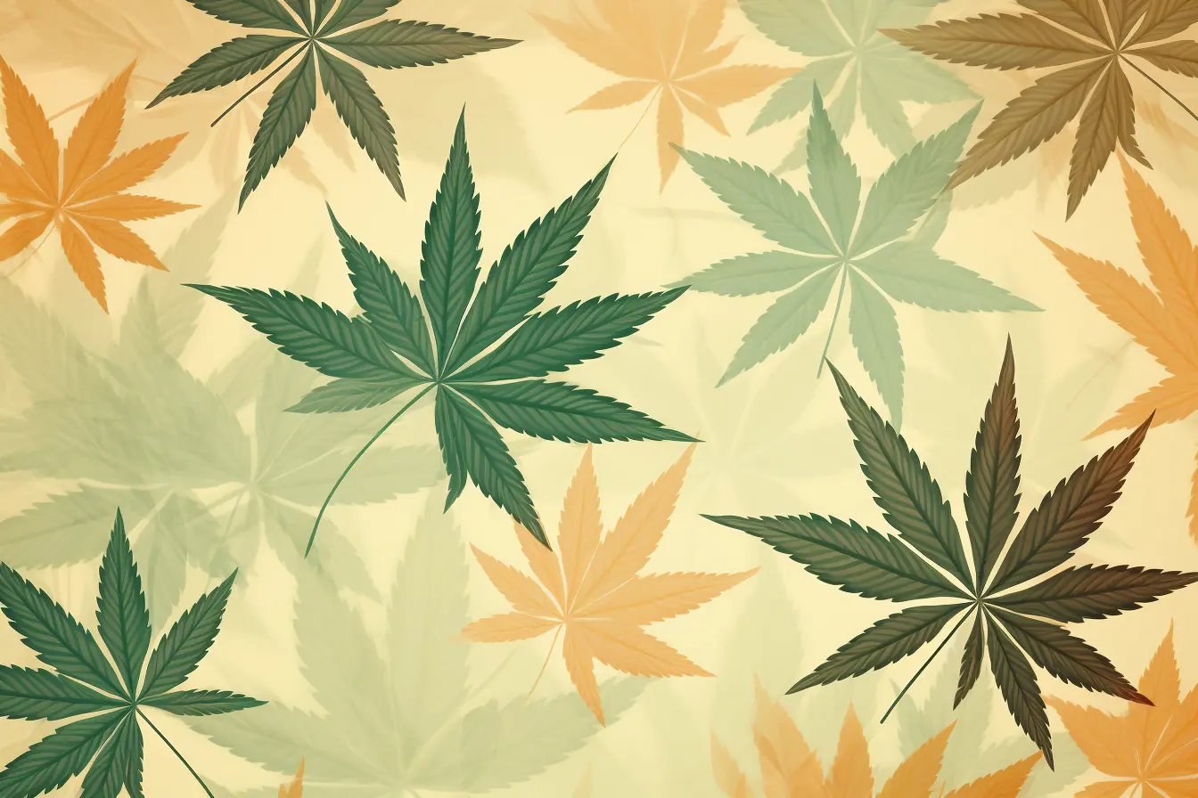 Pastellfarbene Cannabisblätter bilden ein harmonisches Hintergrundmuster Ein beiger Hintergrund mit einem Muster aus Cannabisblättern ist das Markenzeichen eines Cannabis Social Clubs in Cottbus